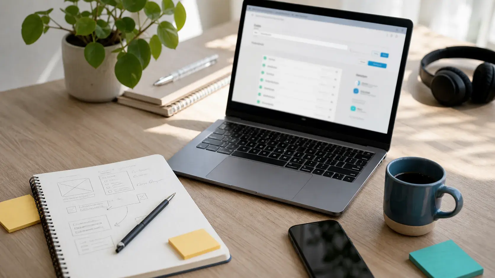 Workspace with laptop and notebook displaying initial business website mapping and brand domain strategy.