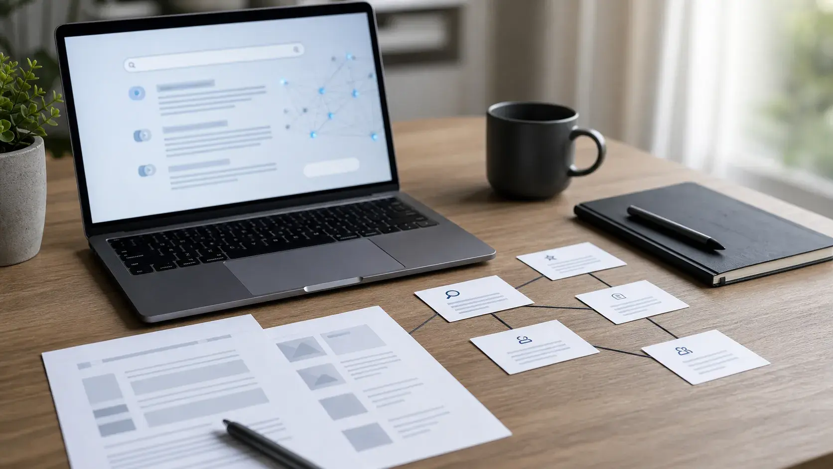 Workspace layout showing content optimization plans and search analytics for service business generative engine visibility.