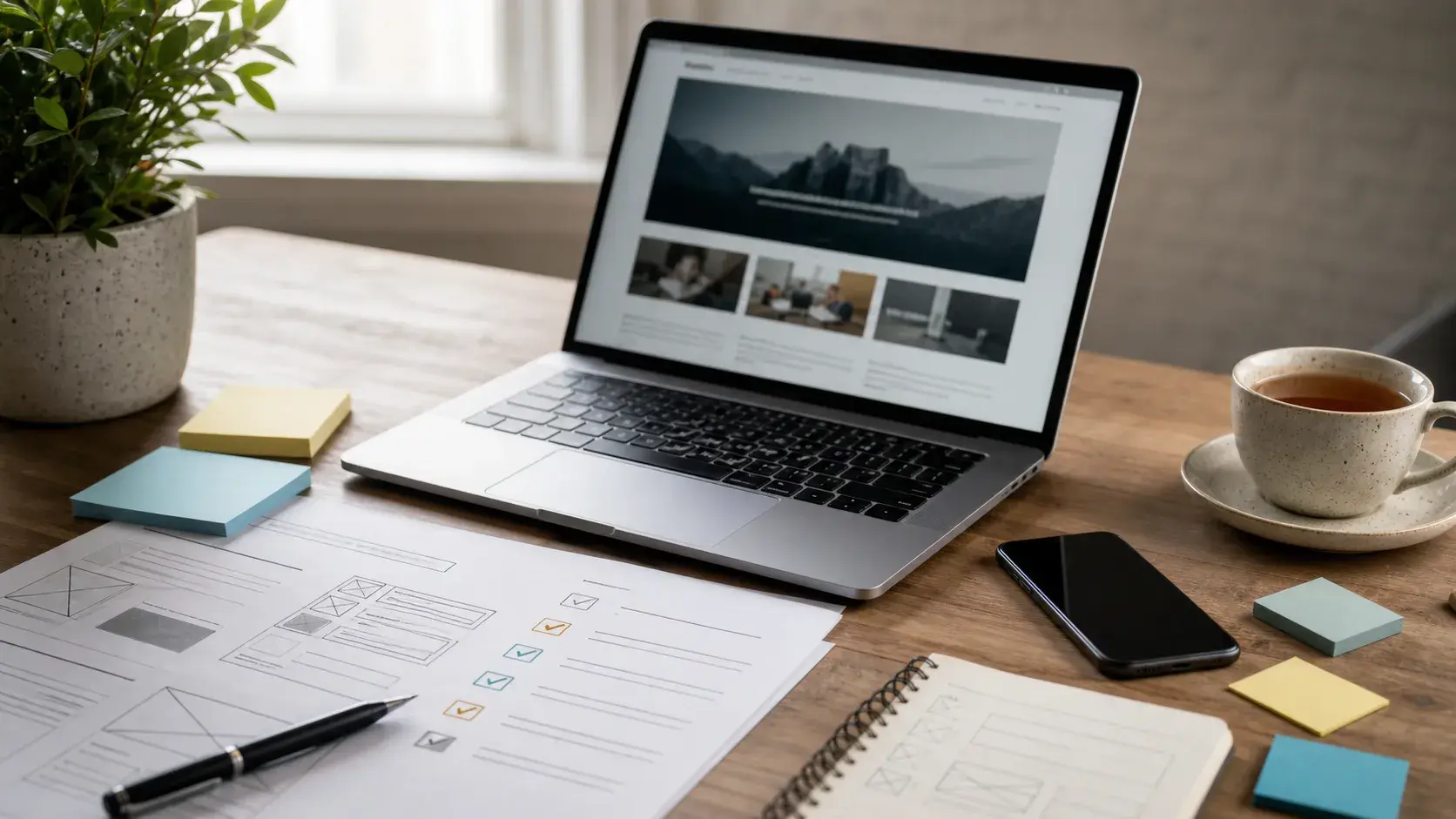 Workplace desk with laptop and checklist notes for conducting a website trust and conversion audit.