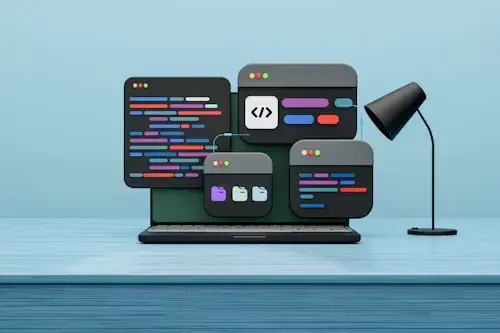 3D illustration showing a laptop display with various code windows, file folders, and a desk lamp, representing platform-specific coding and adaptations.