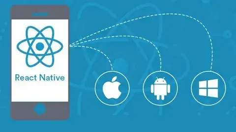 Illustration displaying a smartphone with the React Native logo, showing connections to iOS, Android, and Windows platform options.