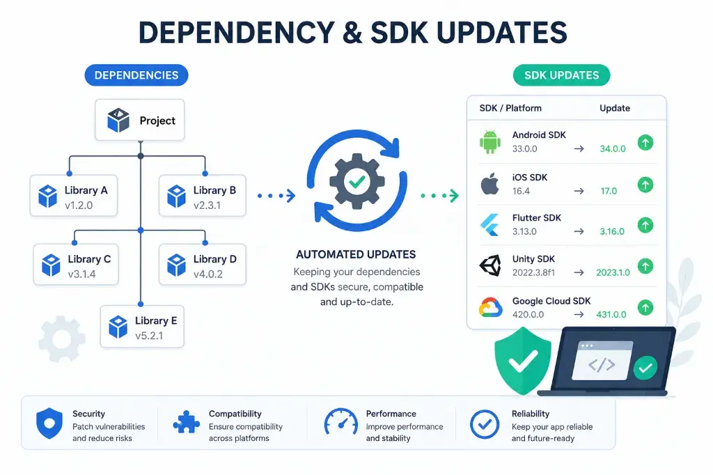 Diagram showing dependency and SDK updates including automated updates, library version updates, platform SDK updates (iOS, Android, Flutter, Unity, Google Cloud), and key benefits (security, compatibility, performance, reliability).