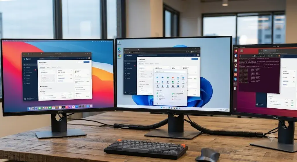 Desk setup with three monitors displaying macOS, Windows, and Linux interfaces, representing cross-operating system compatibility testing and updates.