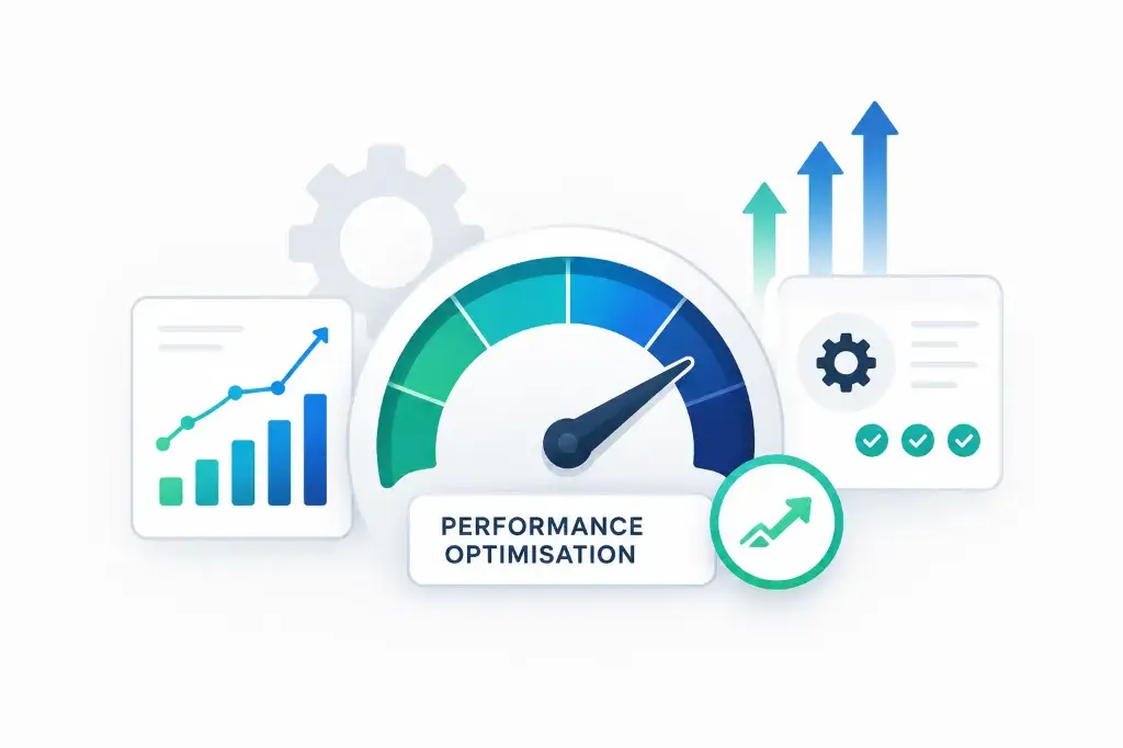 Performance optimization diagram displaying dashboard charts, speedometer gauge indicator, settings gear, and upward growth arrows.