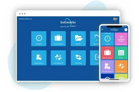 Employee Self-service interface displaying portal options on both a desktop browser and a smartphone screen.