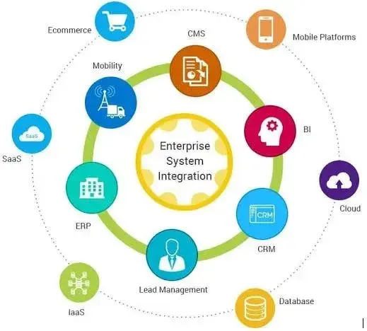 Infographic displaying enterprise system integration hubs including Ecommerce, CMS, ERP, Cloud, CRM, and Databases.